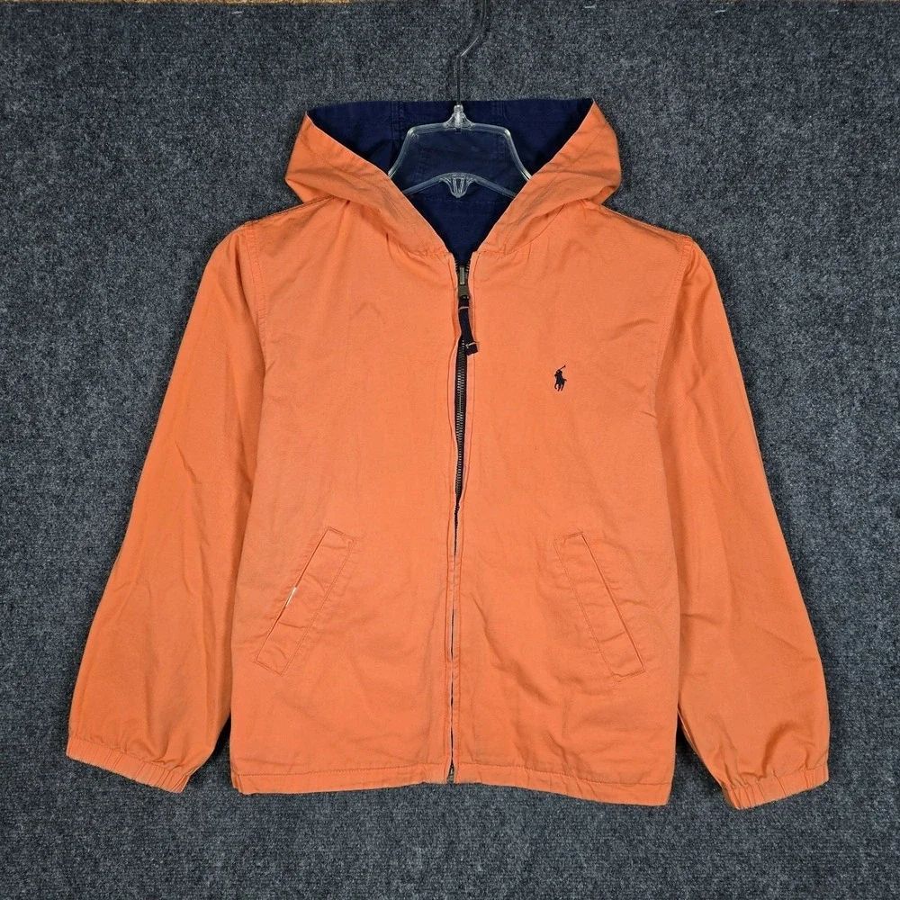 VTG Polo‎ Ralph Lauren Jacket Boys Small Reversible Full Zip Hooded Blue Orange